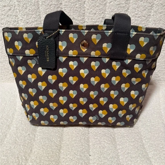 Coach Heart Pattern Tote - Black, Yellow, and Light Blue - Picture 1 of 8
